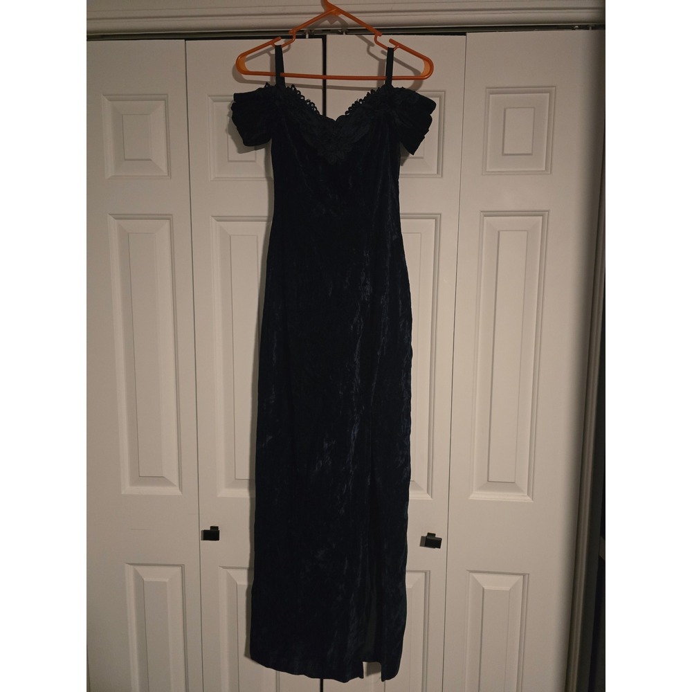 Vintage Jump Velvet Maxi Dress Off Shoulder Teal Blue Lace Trim Gown Size 3/4